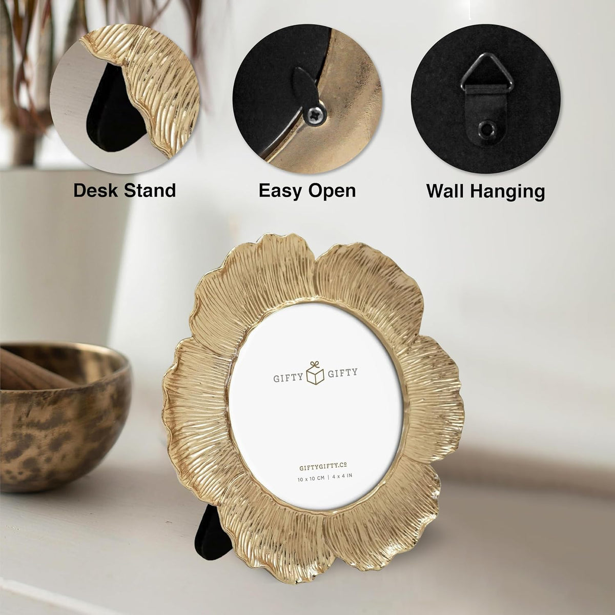 Circular Gold Floral Photo Frame / 4x4 In | For Tabletop Display | Perfect for Home Decor, Wedding, Graduation, Or Milestone Photos