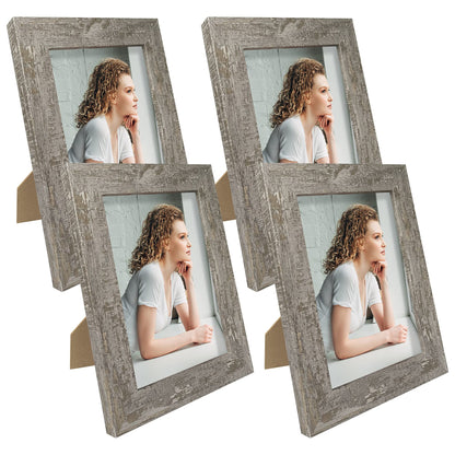 iRahmen 8x10 Picture Frame Set of 4, High Definition Real Glass Rustic Brown Frame, 8 x 10 Wood Photo Frames for Desktop Display and Wall Mounting