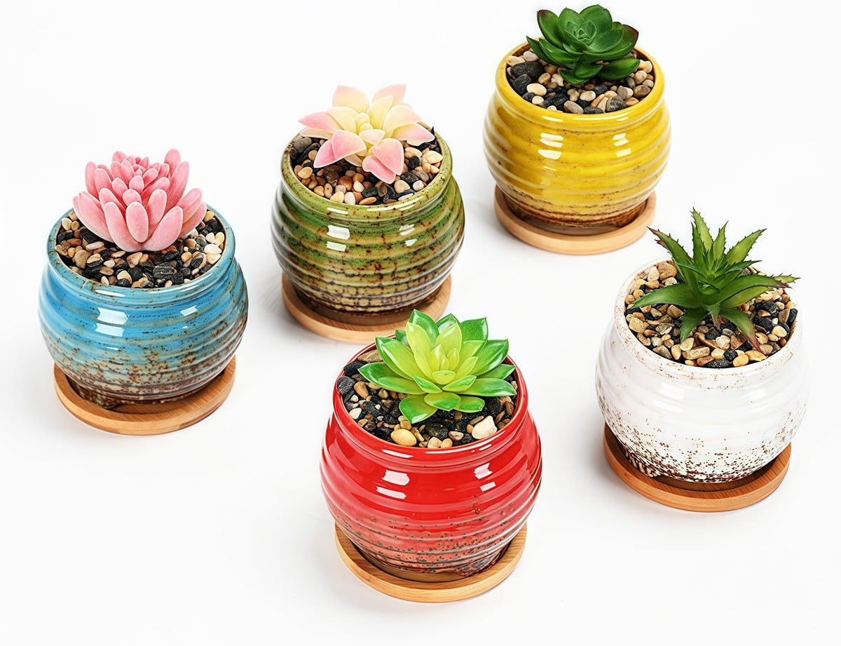 3.5 Inch Ceramic Succulent Planter Pot with Drainage Hole & Bamboo Tray - Mini Round Small Plant Pot for Indoor Desktop, Cactus Flower Container (Plant and Soil Not Included)，White