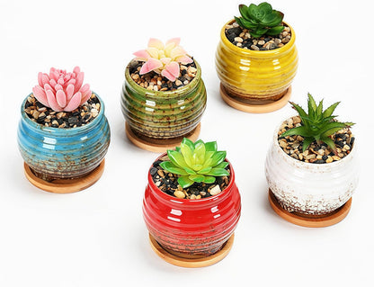 3.5 Inch Ceramic Succulent Planter Pot with Drainage Hole & Bamboo Tray - Mini Round Small Plant Pot for Indoor Desktop, Cactus Flower Container (Plant and Soil Not Included)，White