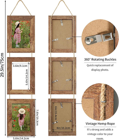 4x6 Collage Picture Frames Set of 2, Rustic Wooden Real Glass Vertical Hanging 3 Opening 4 by 6 Photo Frame, Rustic Brown