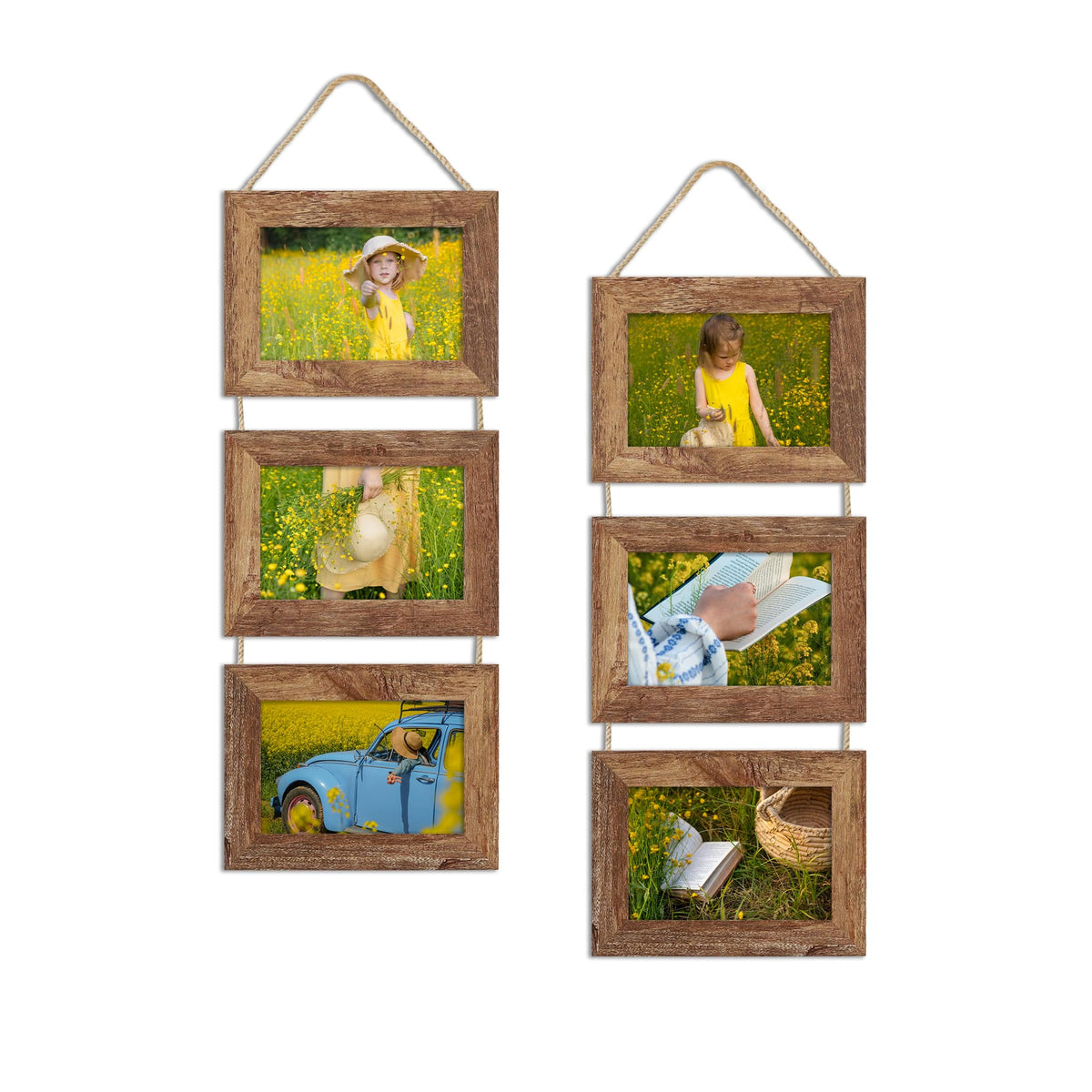 4x6 Collage Picture Frames Set of 2, Rustic Wooden Real Glass Vertical Hanging 3 Opening 4 by 6 Photo Frame, Rustic Brown