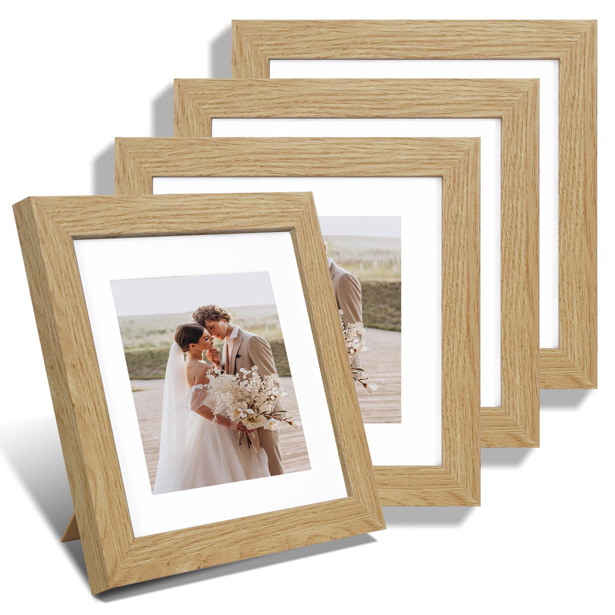 Hongkee 8x10 Picture Frame Set of 4, Real Glass and Wood Frame, 5x7 Mat