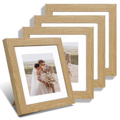 Hongkee 8x10 Picture Frame Set of 4, Real Glass and Wood Frame, 5x7 Mat