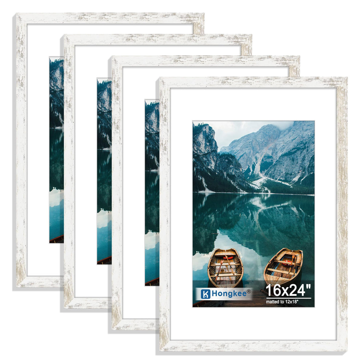 Hongkee 8x10 Picture Frame Set of 4, Real Glass and Wood Frame, 5x7 Mat