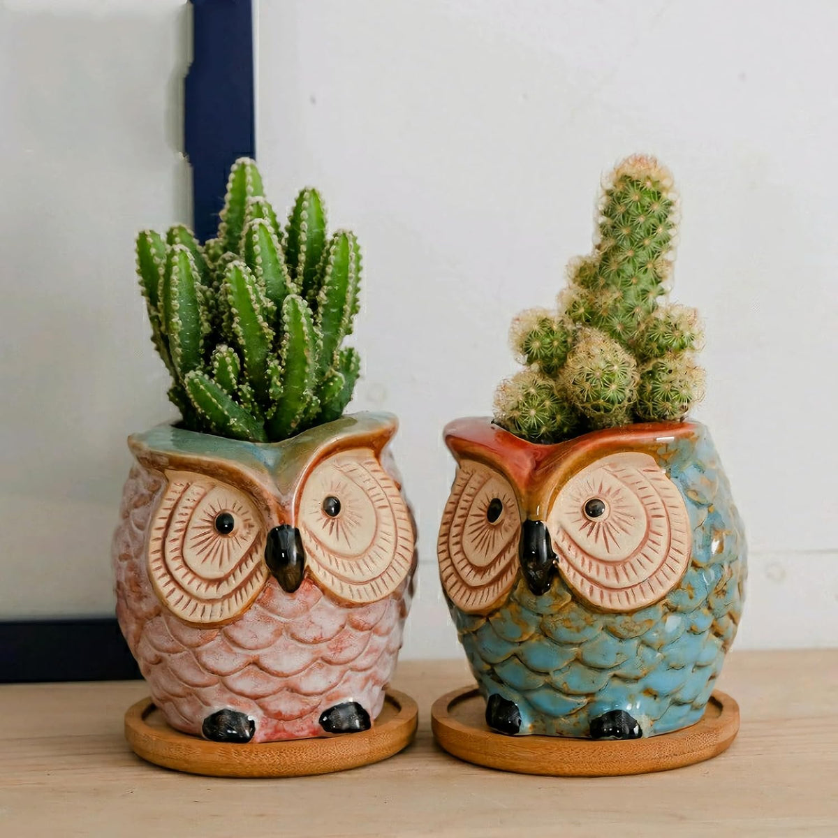 Mini 3.5 Inch Ceramic Owl Planter Pot with Drainage Hole & Bamboo Tray – Small Hand-Painted Animal Flower Pot for Succulent, Cactus, Desktop Decor, Plant Lovers Gift (No Plants/Soil)，Blue