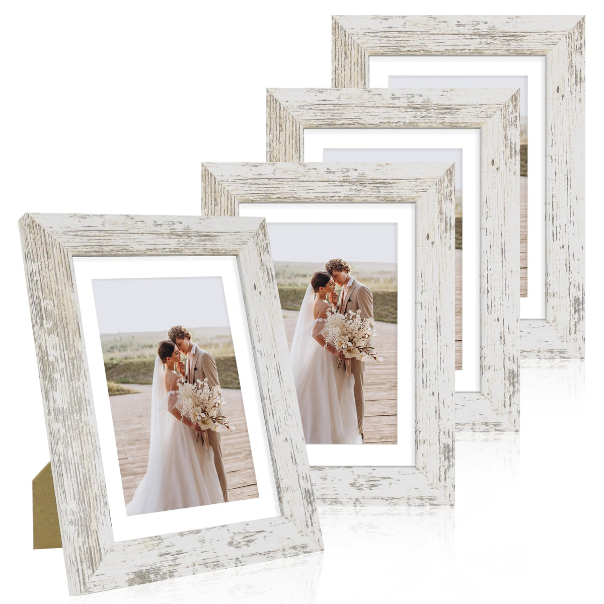 Hongkee 8x10 Picture Frame Set of 4, Real Glass and Wood Frame, 5x7 Mat
