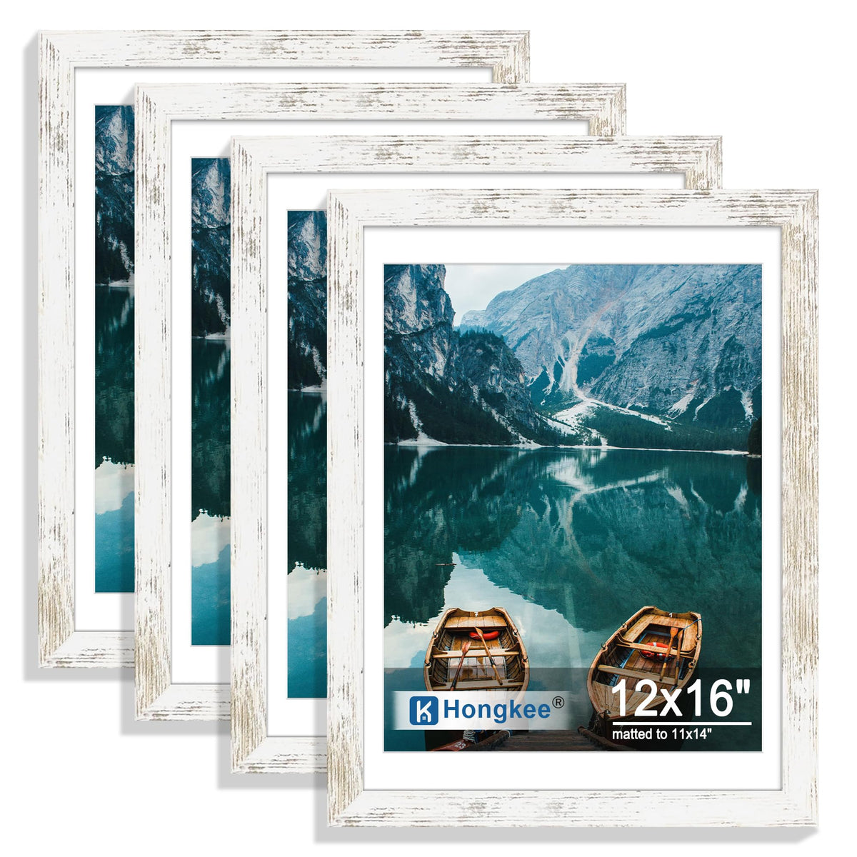 Hongkee 8x10 Picture Frame Set of 4, Real Glass and Wood Frame, 5x7 Mat