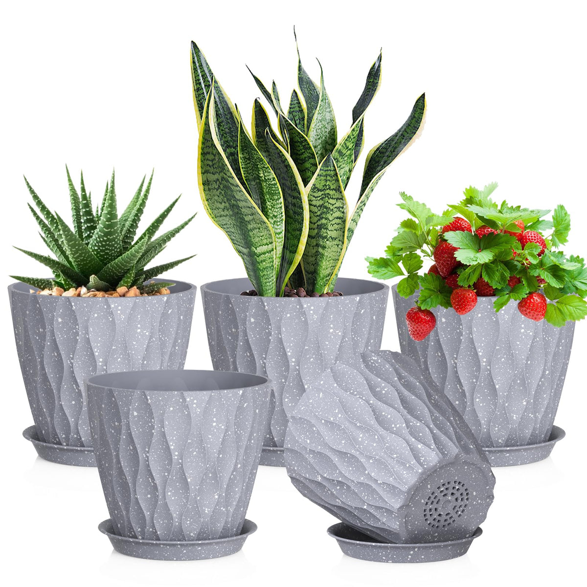 Meowell 4 inch Small Plastic Nursery Pots, 5 Pack Water Ripples Plant Pots for Indoor Plants, Flower Pots with Drainage Holes and Saucers, Seedling Starter Planters for Succulent Plants, White