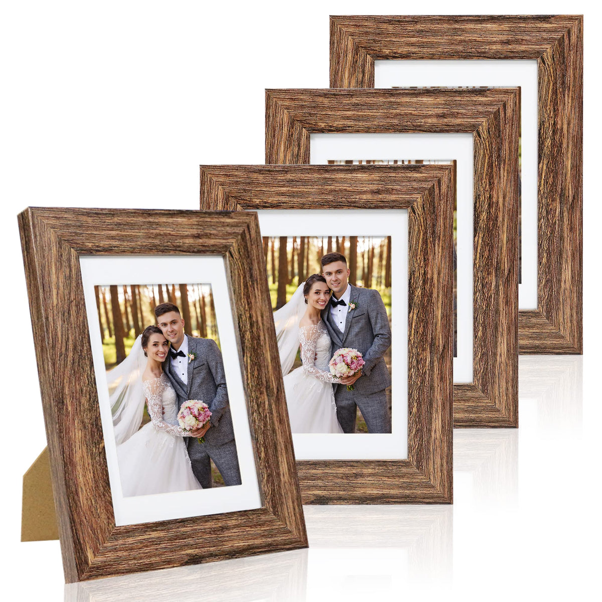 Hongkee 8x10 Picture Frame Set of 4, Real Glass and Wood Frame, 5x7 Mat