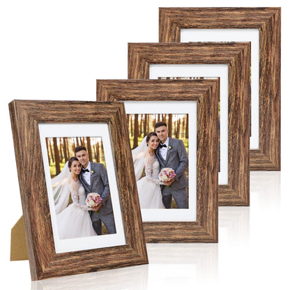 Hongkee 8x10 Picture Frame Set of 4, Real Glass and Wood Frame, 5x7 Mat
