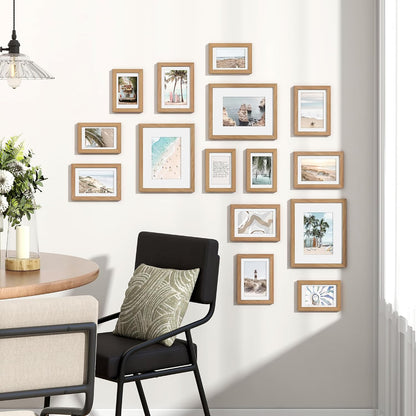 Venusmiles 15 Pack Picture Frames Collage Wall Decor, Gallery Frame Set for Wall Mounting or Tabletop Display, Multi Sizes Including 3pcs 8x10, 6pcs 5x7, 6pcs 4x6, Oak