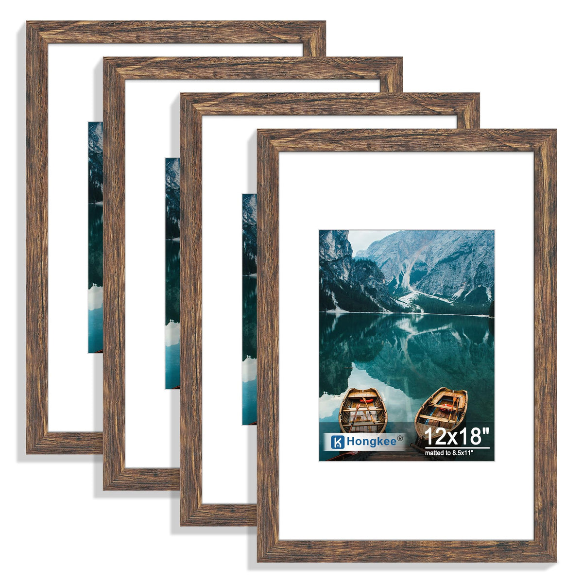 Hongkee 8x10 Picture Frame Set of 4, Real Glass and Wood Frame, 5x7 Mat