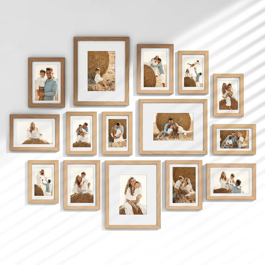 Venusmiles 15 Pack Picture Frames Collage Wall Decor, Gallery Frame Set for Wall Mounting or Tabletop Display, Multi Sizes Including 3pcs 8x10, 6pcs 5x7, 6pcs 4x6, Oak