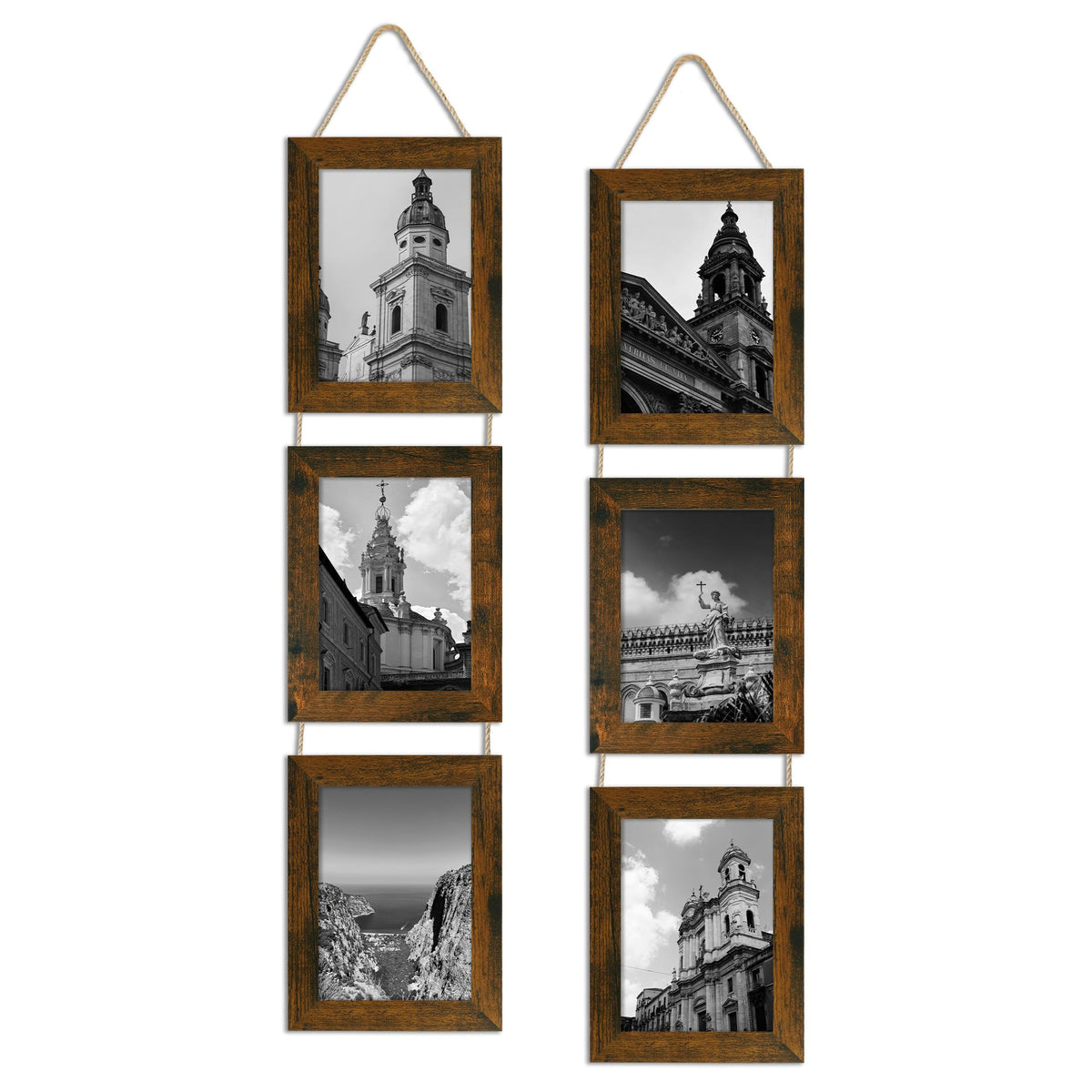 4x6 Collage Picture Frames Set of 2, Rustic Wooden Real Glass Vertical Hanging 3 Opening 4 by 6 Photo Frame, Rustic Brown