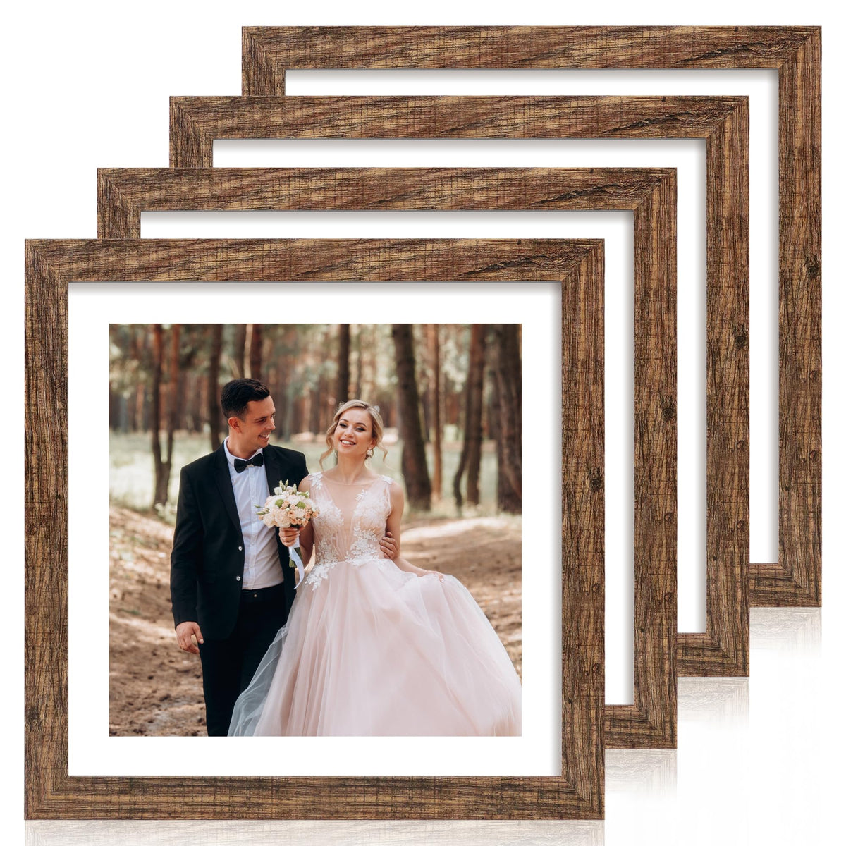 iRahmen 8x10 Picture Frame Set of 4, High Definition Real Glass Rustic Brown Frame, 8 x 10 Wood Photo Frames for Desktop Display and Wall Mounting