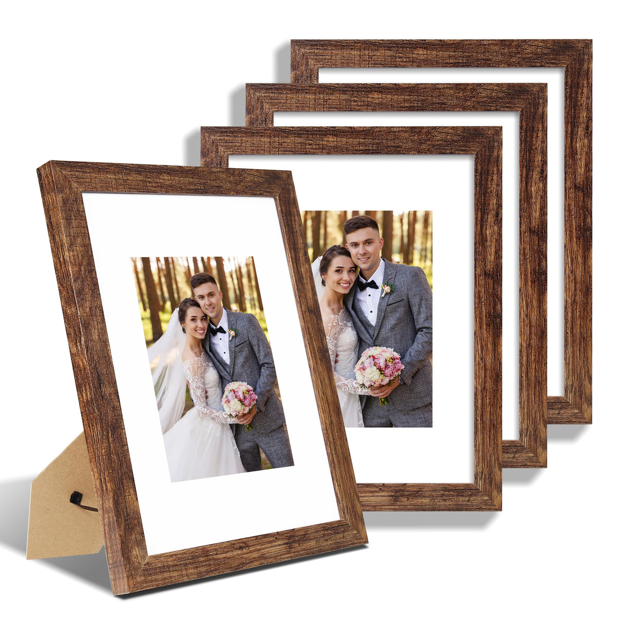 Hongkee 8x10 Picture Frame Set of 4, Real Glass and Wood Frame, 5x7 Mat