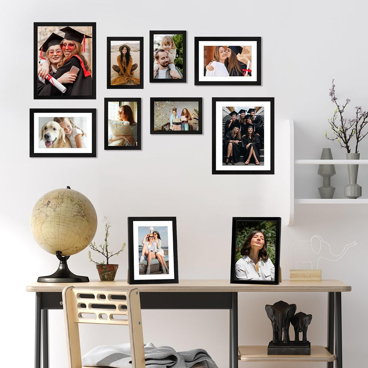 FIXSMITH 10 Pack Picture Frames Collage Wall Decor for Mounting or Tabletop Display, Gallery Wall Frame Set with Two 8x10 Black Frames, Four 5x7 Frames and Four 4x6 Frames, Multi-Pack Photo Frame Set