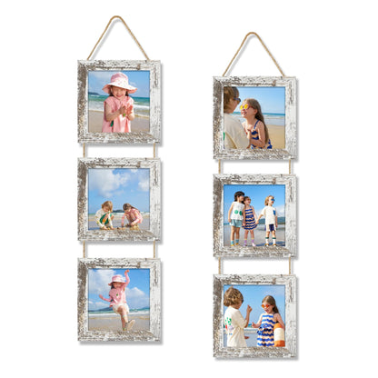 4x6 Collage Picture Frames Set of 2, Rustic Wooden Real Glass Vertical Hanging 3 Opening 4 by 6 Photo Frame, Rustic Brown