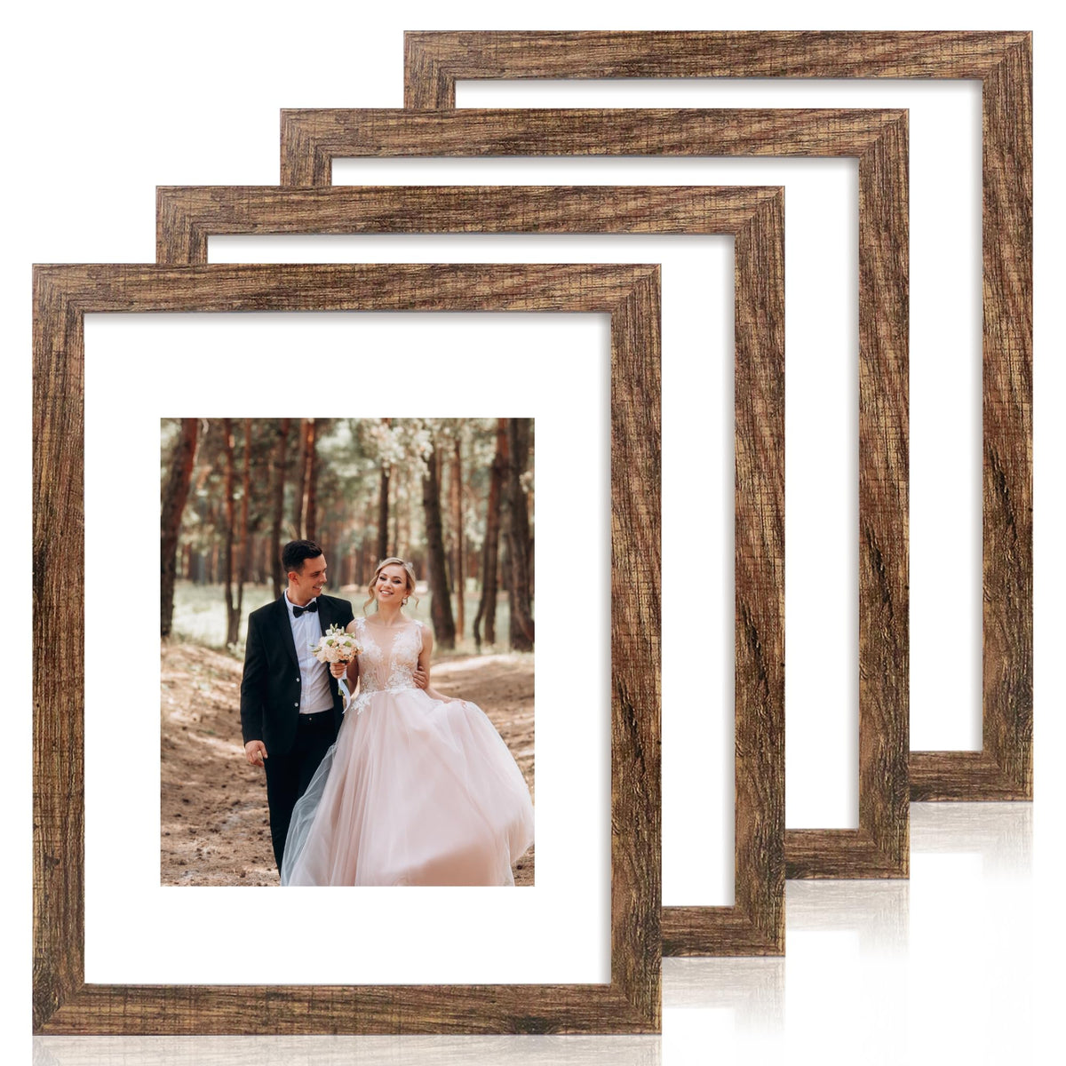 iRahmen 8x10 Picture Frame Set of 4, High Definition Real Glass Rustic Brown Frame, 8 x 10 Wood Photo Frames for Desktop Display and Wall Mounting