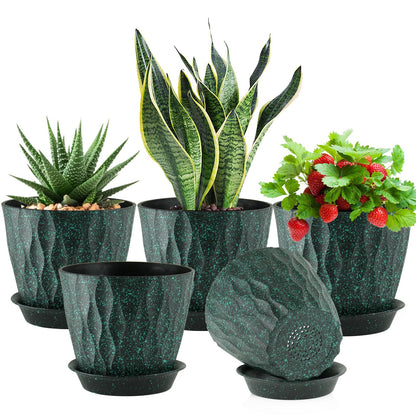 Meowell 4 inch Small Plastic Nursery Pots, 5 Pack Water Ripples Plant Pots for Indoor Plants, Flower Pots with Drainage Holes and Saucers, Seedling Starter Planters for Succulent Plants, White