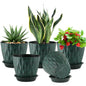 Meowell 4 inch Small Plastic Nursery Pots, 5 Pack Water Ripples Plant Pots for Indoor Plants, Flower Pots with Drainage Holes and Saucers, Seedling Starter Planters for Succulent Plants, White