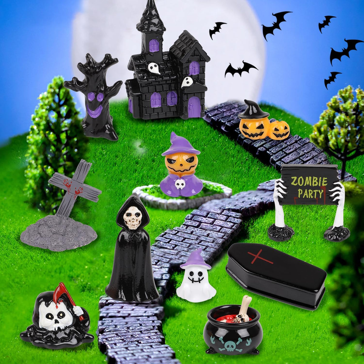 CCINEE 48pcs Halloween Mini Resin Figurines for Crafts, Miniature Skull Ghost Pumpkin Figures to Hide Tiny Village Collections Bulk for Holiday Party Favor Table Indoor Garden Dollhouse Decorations