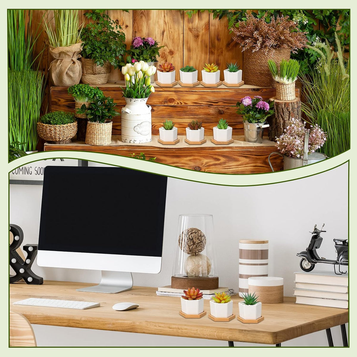 Gerrii Succulent Pots Mini White Ceramic Flower Planter Pot Succulent Planters with Wooden Trays and Drainage Holes for Plants Cactus Home Office Decoration, Plants Not Included(24 Pcs)