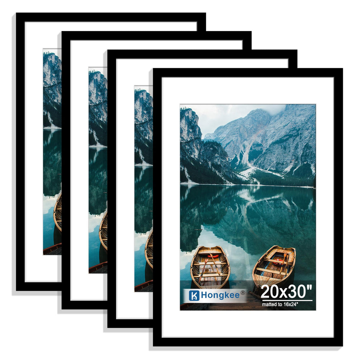 Hongkee 8x10 Picture Frame Set of 4, Real Glass and Wood Frame, 5x7 Mat