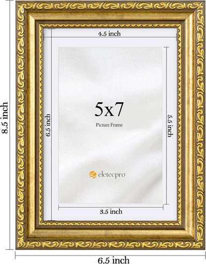 eletecpro 5x7 Vintage Picture Frame, Glass Cover, Gold, 2-Pack