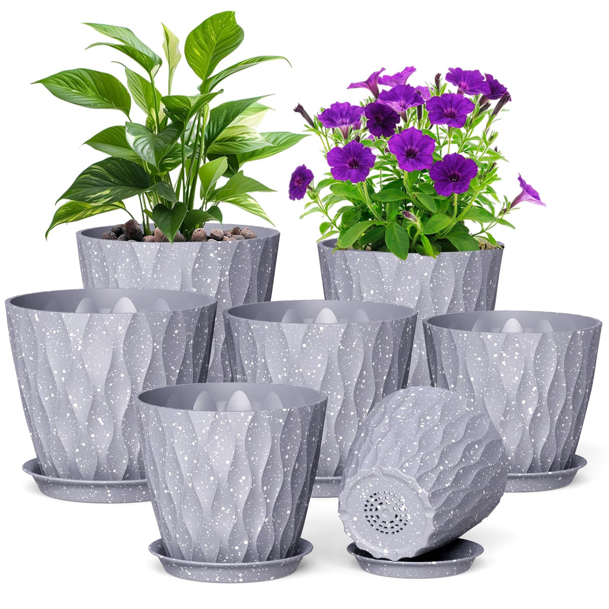 Meowell 4 inch Small Plastic Nursery Pots, 5 Pack Water Ripples Plant Pots for Indoor Plants, Flower Pots with Drainage Holes and Saucers, Seedling Starter Planters for Succulent Plants, White