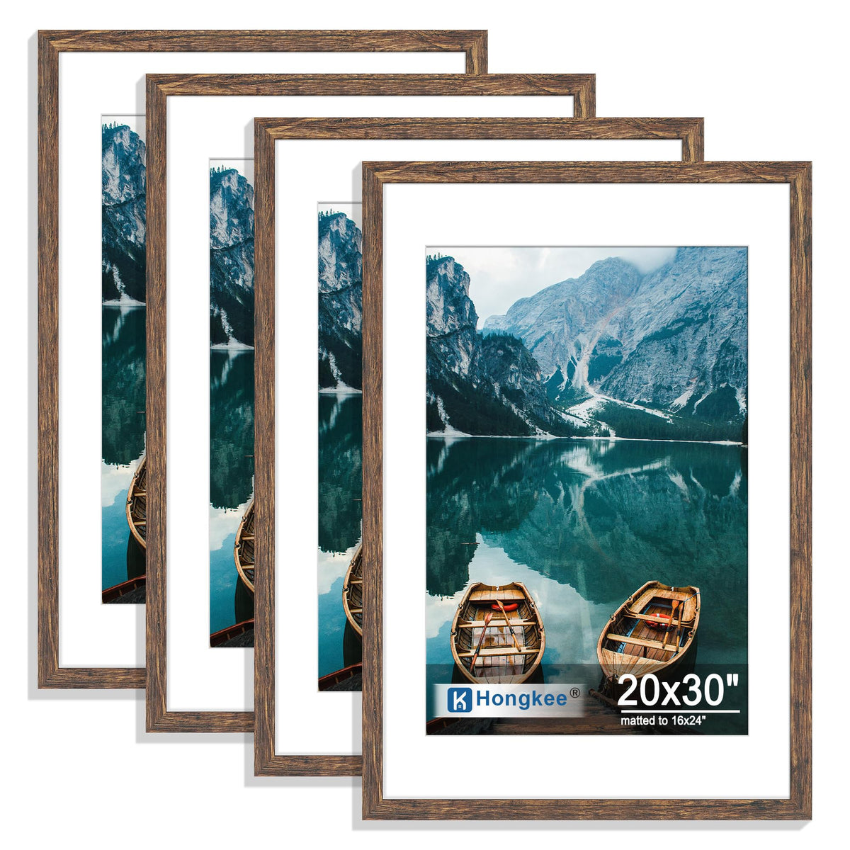 Hongkee 8x10 Picture Frame Set of 4, Real Glass and Wood Frame, 5x7 Mat