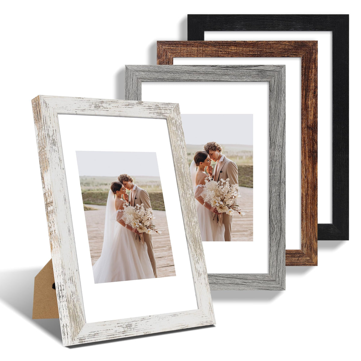 Hongkee 8x10 Picture Frame Set of 4, Real Glass and Wood Frame, 5x7 Mat