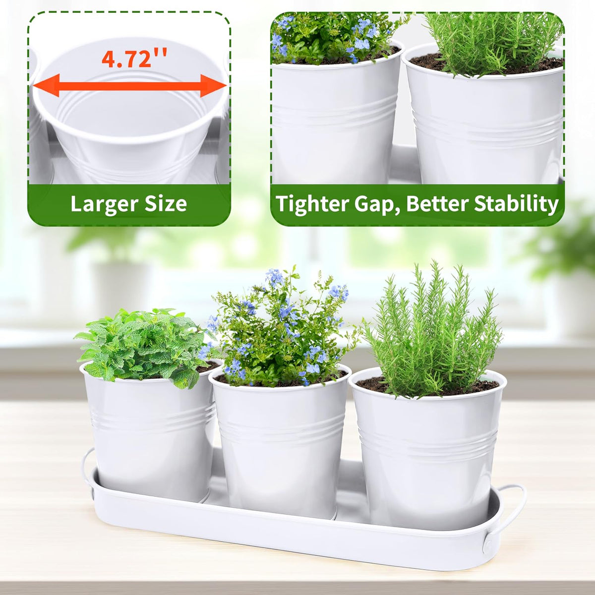 Small Pots for Plants, 3-Pack 4.7 Inch White Metal Herb Pots, Mini Windowsill Planter for Succulent, Cactus, Basil, Mint, Rosemary