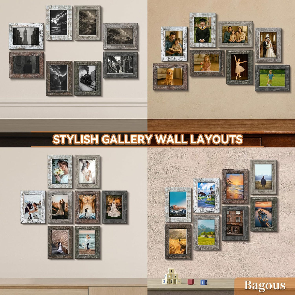 4x6 Picture Frames Set of 8, Vintage Rustic Farmhouse Industrial Style Photo Frames, High Definition Real Glass, for Tabletop or Wall Hanging
