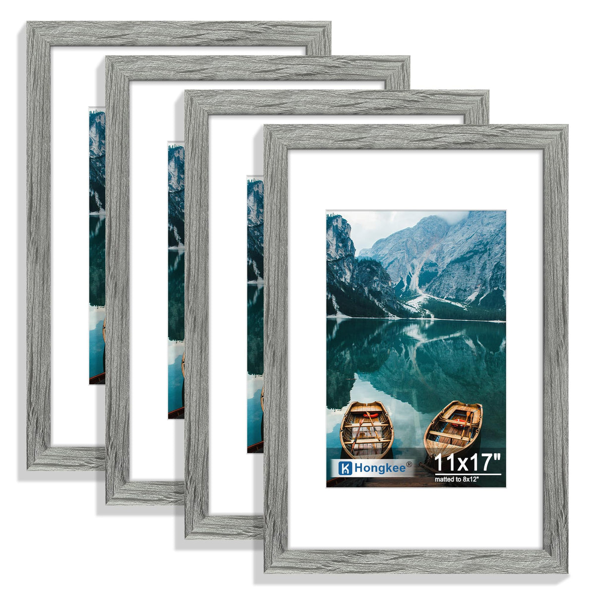 Hongkee 8x10 Picture Frame Set of 4, Real Glass and Wood Frame, 5x7 Mat
