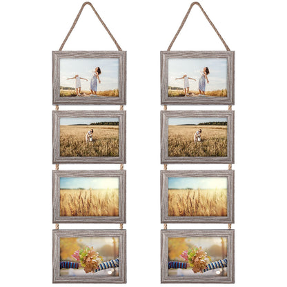 Lavezee 4x6 Hanging Collage Picture Frames Set of 2, 8 Opening Vertical Frame Made to Display 4 by 6 Inch Photo for Wall Decor, Distressed White