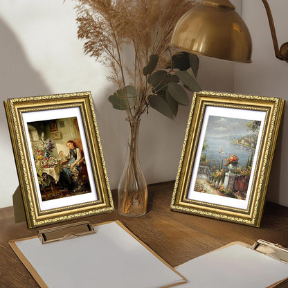 eletecpro 5x7 Vintage Picture Frame, Glass Cover, Gold, 2-Pack