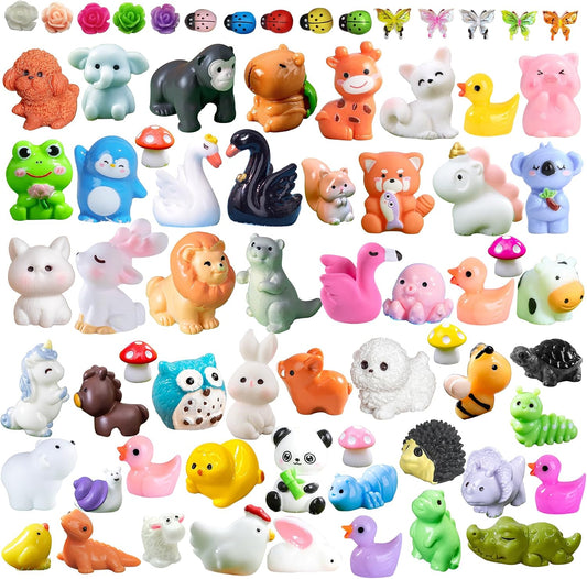 70pcs Mini Tiny Resin Animals for Fairy Garden Decor, Collectible, to Hide, Miniature Landscape, Dollhouse Accessories, Crafts Projects, Easter Scatter, DIY Terrarium(70 Styles)