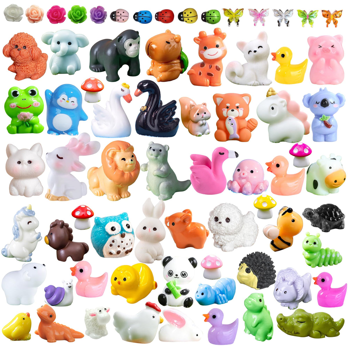 70pcs Mini Tiny Resin Animals for Fairy Garden Decor, Collectible, to Hide, Miniature Landscape, Dollhouse Accessories, Crafts Projects, Easter Scatter, DIY Terrarium(70 Styles)