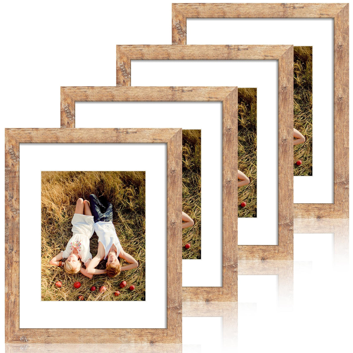 iRahmen 8x10 Picture Frame Set of 4, High Definition Real Glass Rustic Brown Frame, 8 x 10 Wood Photo Frames for Desktop Display and Wall Mounting