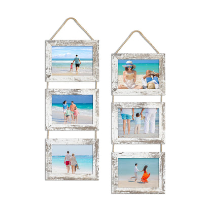 4x6 Collage Picture Frames Set of 2, Rustic Wooden Real Glass Vertical Hanging 3 Opening 4 by 6 Photo Frame, Rustic Brown