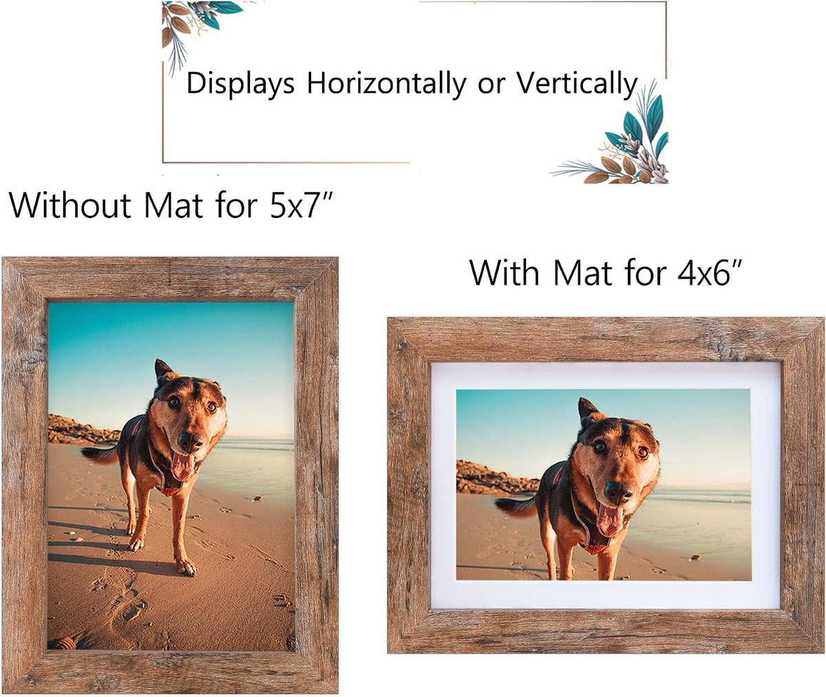 Califortree 5x7 Picture Frame - Can Display Photo 4x6 with Mat, Wood Frame with Shatterproof Plexiglass, Wall & Tabletop Display, Rustic Brown