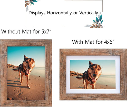 Califortree 5x7 Picture Frame - Can Display Photo 4x6 with Mat, Wood Frame with Shatterproof Plexiglass, Wall & Tabletop Display, Rustic Brown