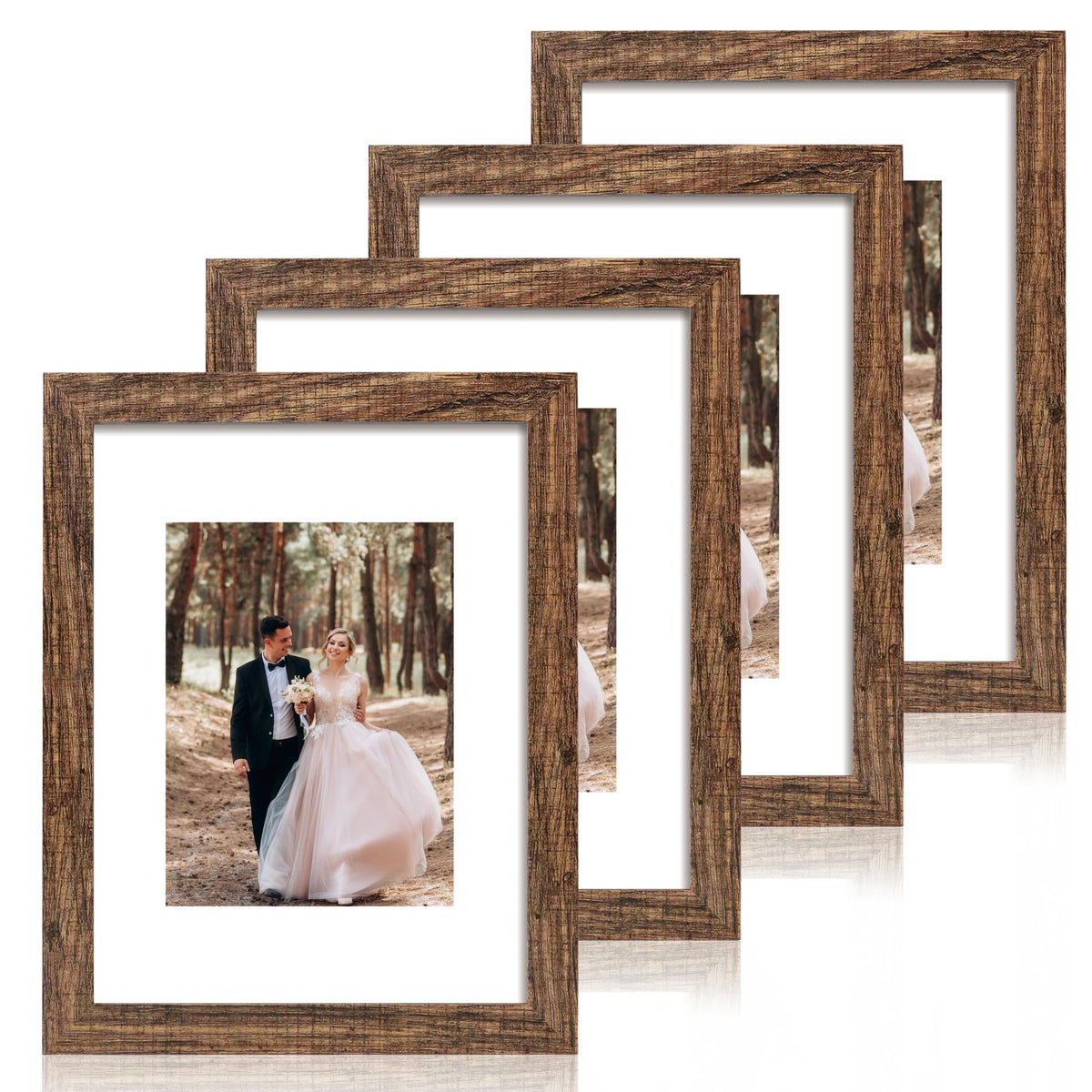 iRahmen 8x10 Picture Frame Set of 4, High Definition Real Glass Rustic Brown Frame, 8 x 10 Wood Photo Frames for Desktop Display and Wall Mounting