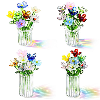 8 Pcs Mini Glass Flowers with Vase Set Small Crystal Bouquet