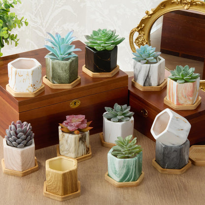 Ziliny Marbling Ceramic Flower Pot 3.35 Inch Succulent Small Plant Cactus Herbs Planter Ceramic Pot with Drainage Hole Matte Round Container(6 Pcs,Elegance Style)
