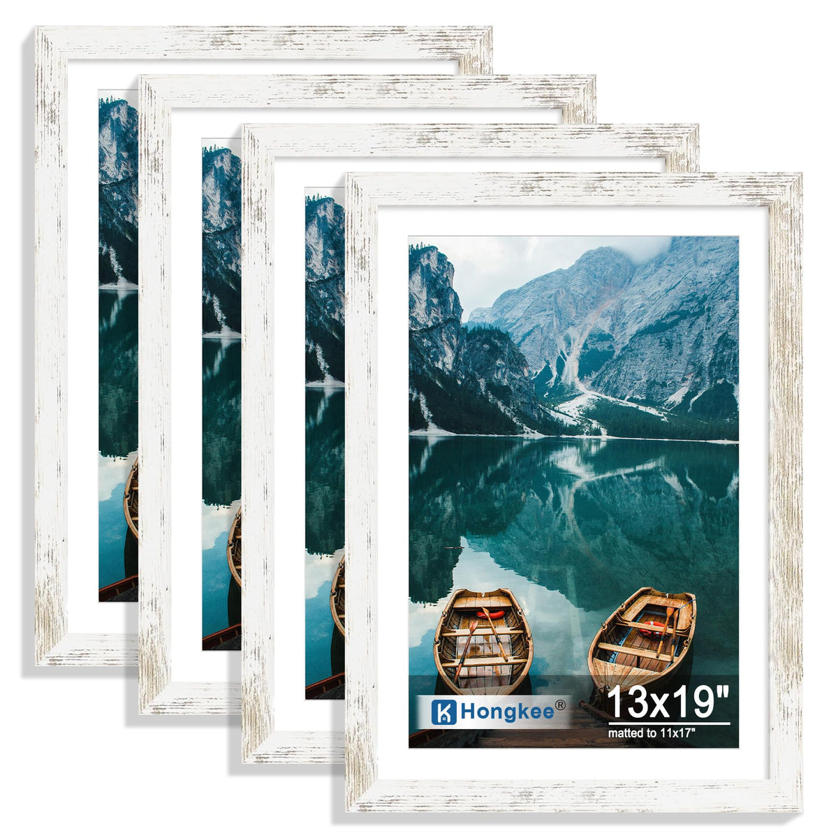 Hongkee 8x10 Picture Frame Set of 4, Real Glass and Wood Frame, 5x7 Mat