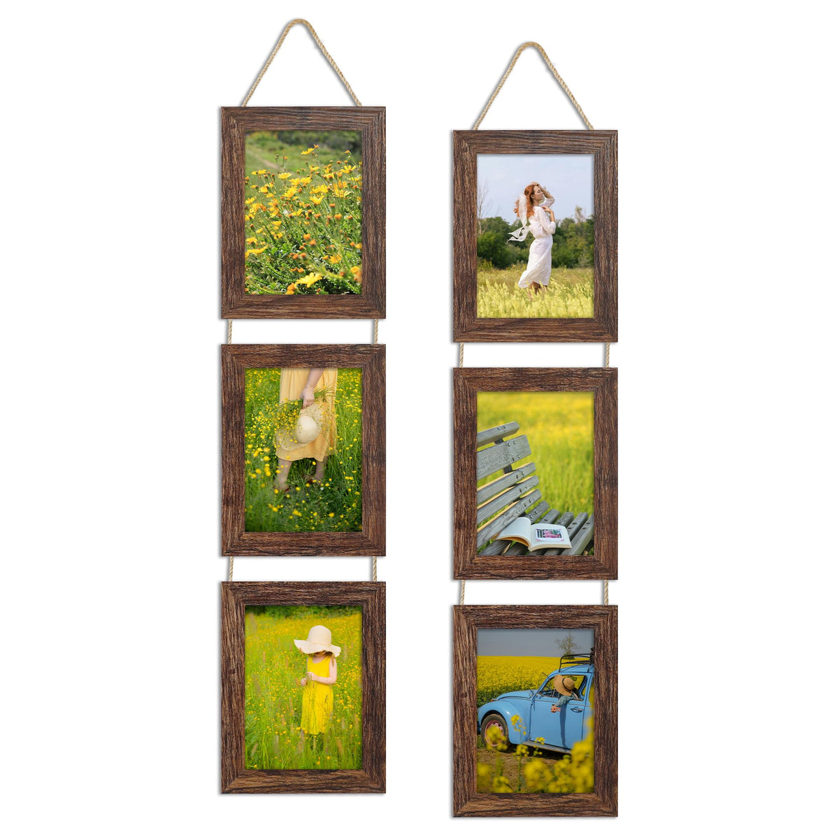 4x6 Collage Picture Frames Set of 2, Rustic Wooden Real Glass Vertical Hanging 3 Opening 4 by 6 Photo Frame, Rustic Brown