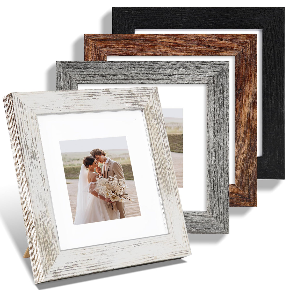 Hongkee 8x10 Picture Frame Set of 4, Real Glass and Wood Frame, 5x7 Mat